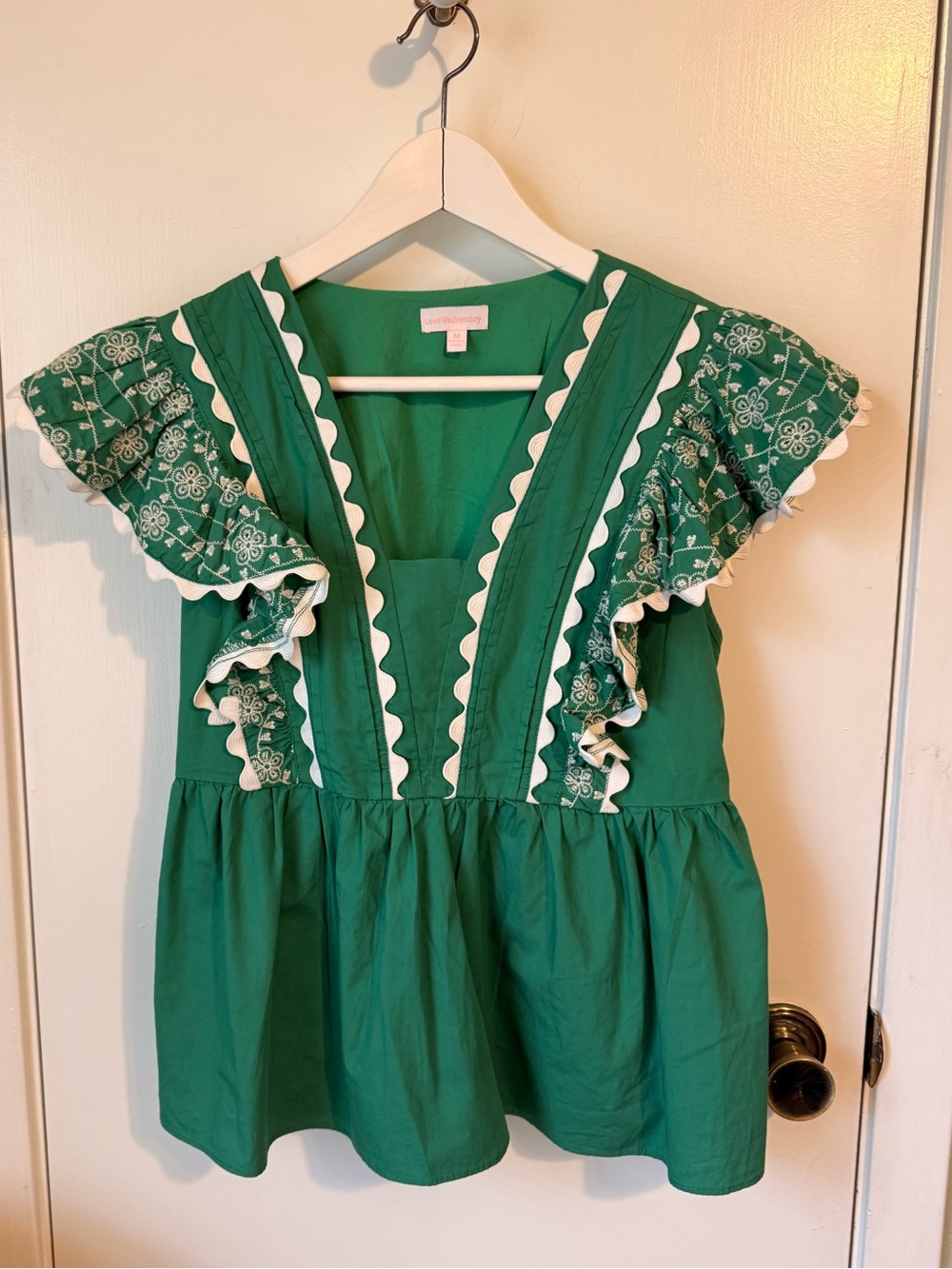 Green Ruffle Peplum Top with Ric-Rac Trim
